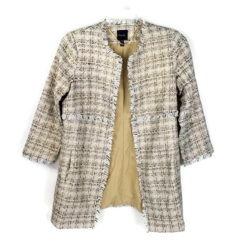 Rafaella Champagne Metallic Tweed Open Front Fringed Long Sleeve Coat Womens M